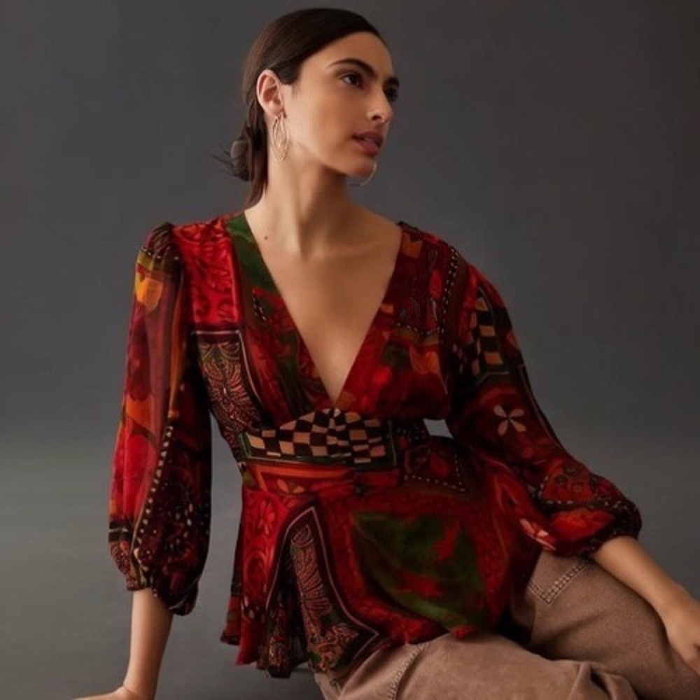 Farm Rio X Anthropologie Red Patchwork V-Neck Open Back Peplum Blouse‎ NWT M